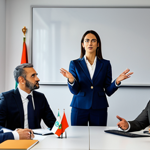 Home 9 Sports Leadership in Portugal**
"A diverse group of sports professionals in a modern Lisbon office, discussing strategy. Focus on the leader, a charismatic woman in a business suit, gesturing expressively. Portuguese flags subtly displayed. Professional attire, safe for work, perfect anatomy, natural proportions, high quality."
**