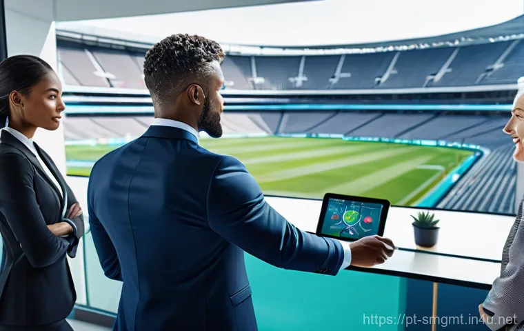 스포츠경영관리사 자격증 공부법 - A vibrant and dynamic scene depicting a diverse group of sports management professionals, including ...