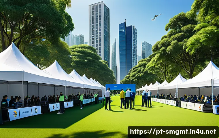 스포츠경영관리사 커리어 패스 설계 - A dynamic sports event management scene showing a diverse team of professionals coordinating a large...