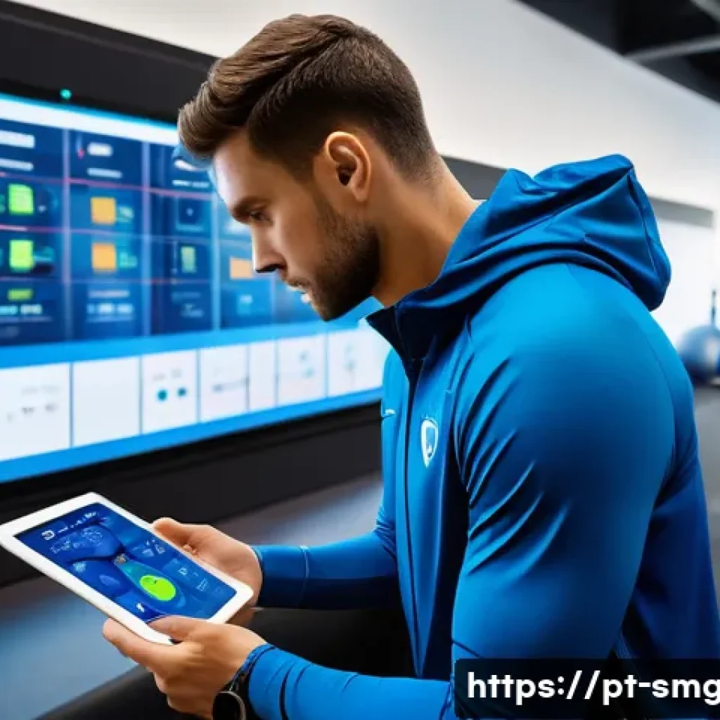 스포츠경영관리사와 스포츠 혁신 기술 - A modern sports training facility featuring athletes wearing high-tech wearable devices such as smar...