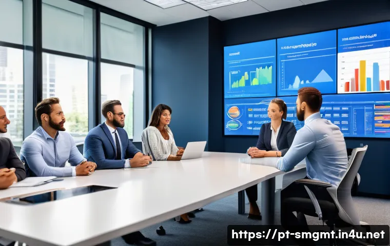 스포츠경영관리사와 스포츠 트렌드 분석 - A dynamic sports management meeting scene inside a modern stadium office, featuring a diverse group ...