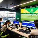 Home 20 스포츠경영관리사와 새로운 직무 기술 - A dynamic scene inside a modern Brazilian sports management office during a major event like the FIF...