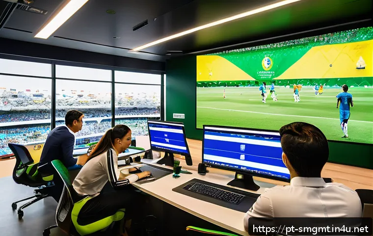 스포츠경영관리사와 새로운 직무 기술 - A dynamic scene inside a modern Brazilian sports management office during a major event like the FIF...