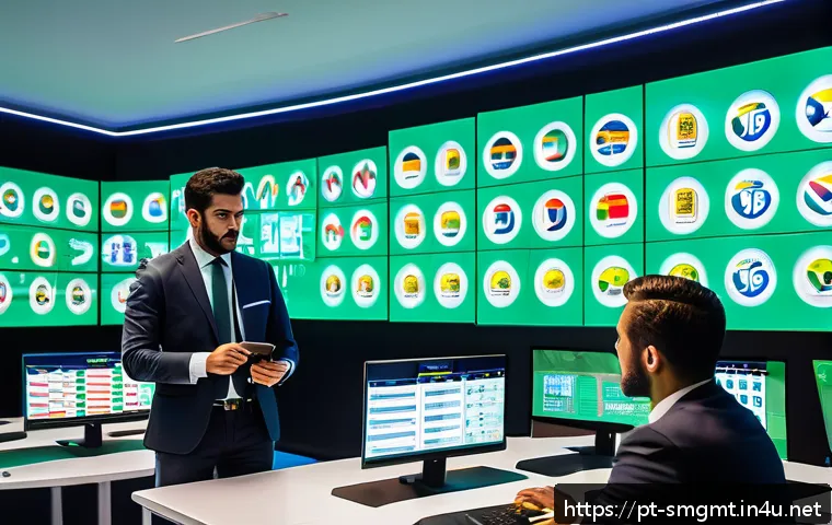 스포츠경영관리사 관련 최신 연구 - A dynamic scene inside a modern Brazilian football club's analytics center, showing diverse sports m...