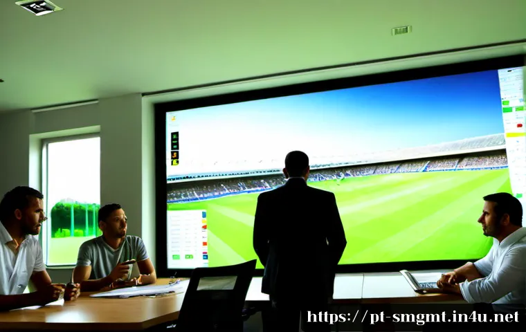 Home 17 스포츠경영관리사와 데이터 기반 의사결정 - Photorealistic sports management professional in a modern Brazilian football stadium office, reviewi...