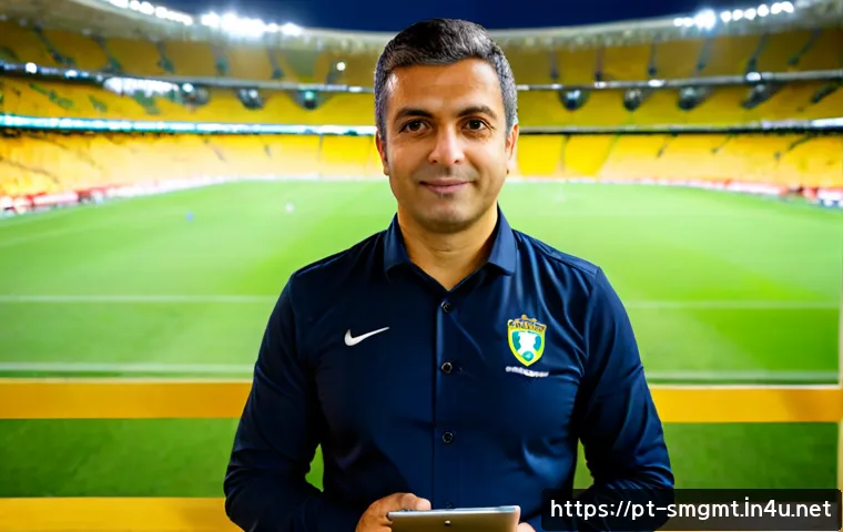 스포츠경영관리사 관련 직무 종류 - Photorealistic sports event manager at a modern Brazilian football stadium, professionally dressed a...