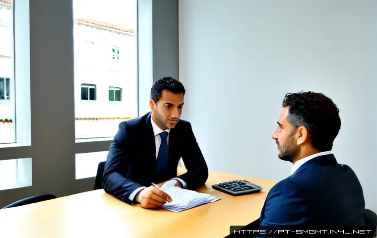 스포츠경영관리사 연봉 협상 전략 - Photorealistic salary negotiation meeting for a sports management professional in Portugal, confiden...